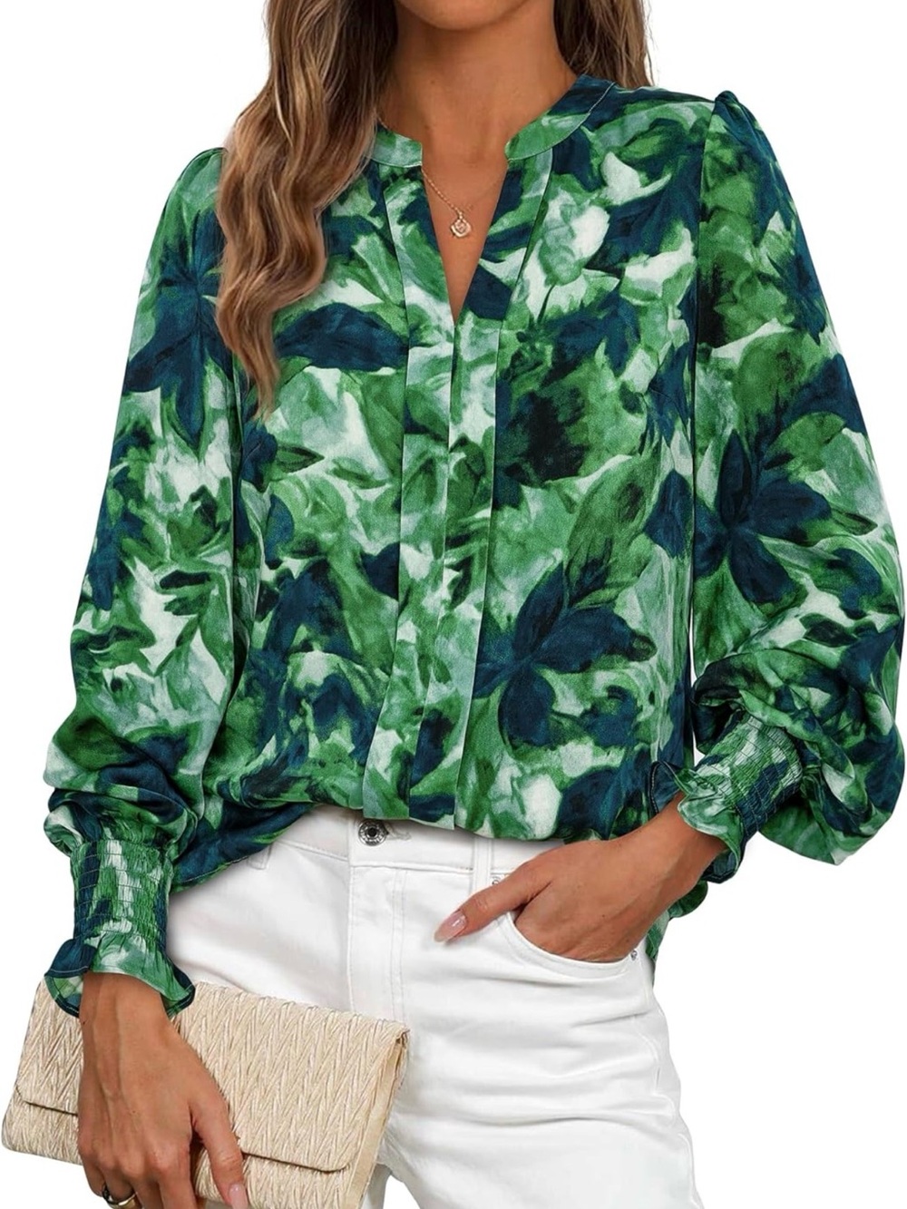 Green Floral V-Neck Blouse with Smocked Cuffs XXL